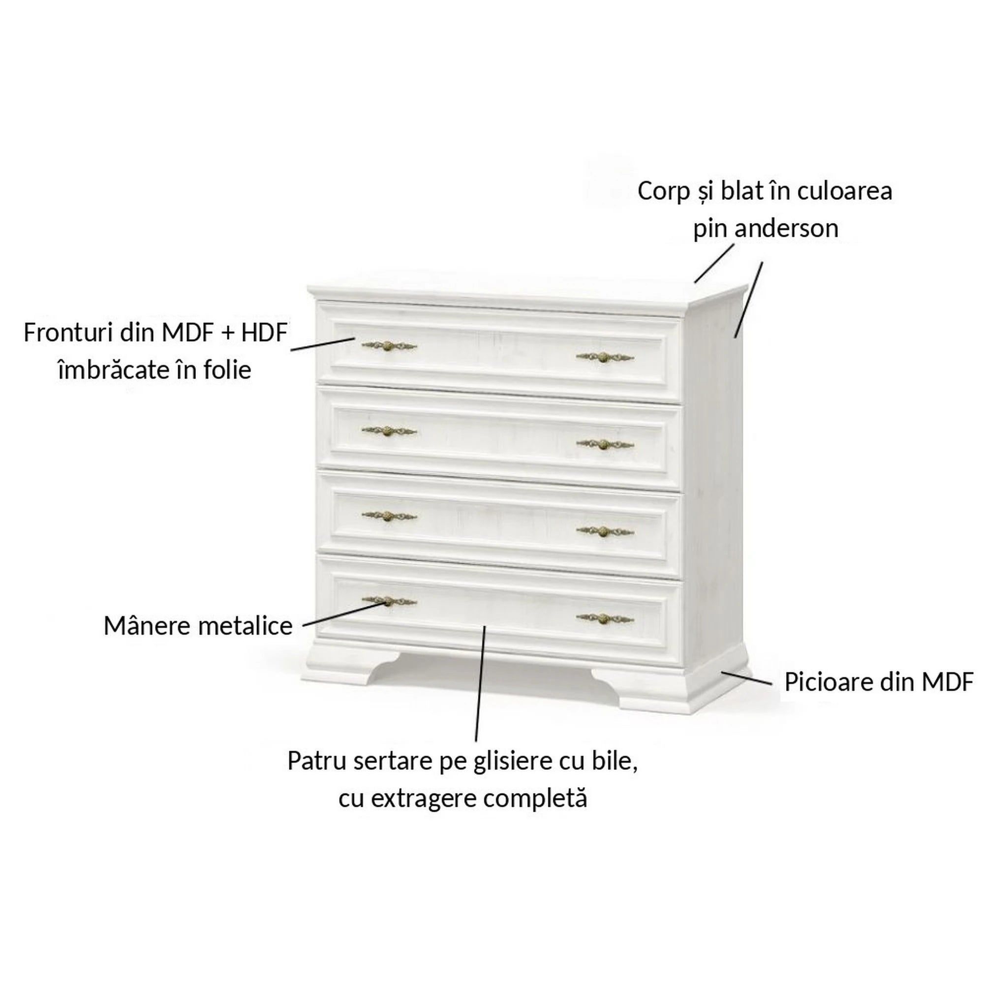 Comoda pin alb anderson IRYS, PAL laminat, cu 4 sertare, 93x39x89 cm