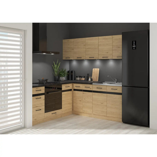 Set bucatarie JUNONA LINE, stejar, PAL, 200x200 cm, dreapta, cu blat negru