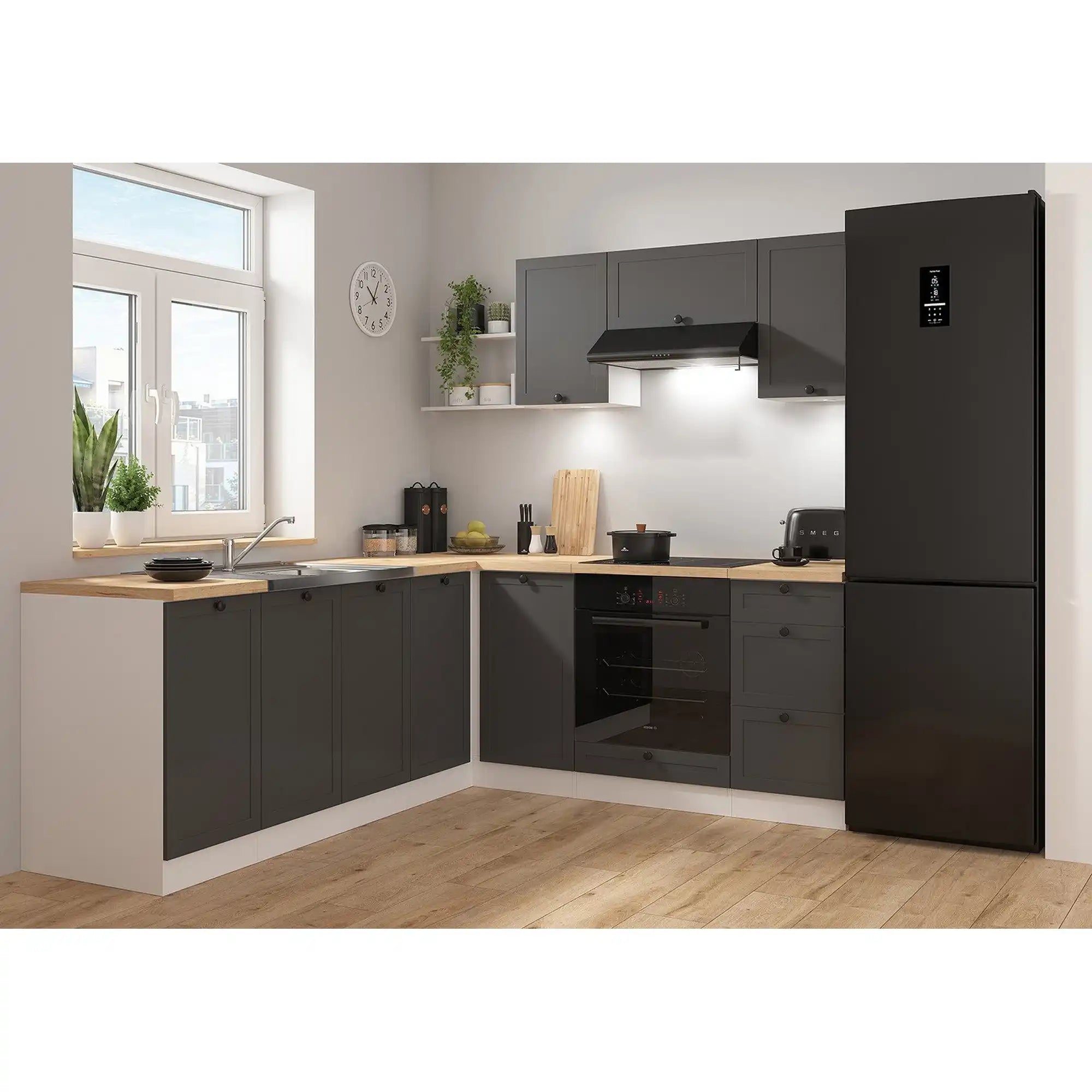 Set bucatarie JUNONA LINE, gri grafit/alb, PAL, 200x220 cm, cu blat stejar artisan