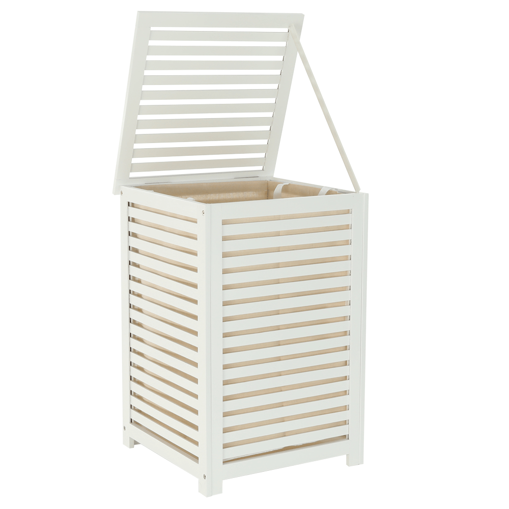 Cos de rufe BASKET, alb, bambus/material textil, 40x40x58 cm