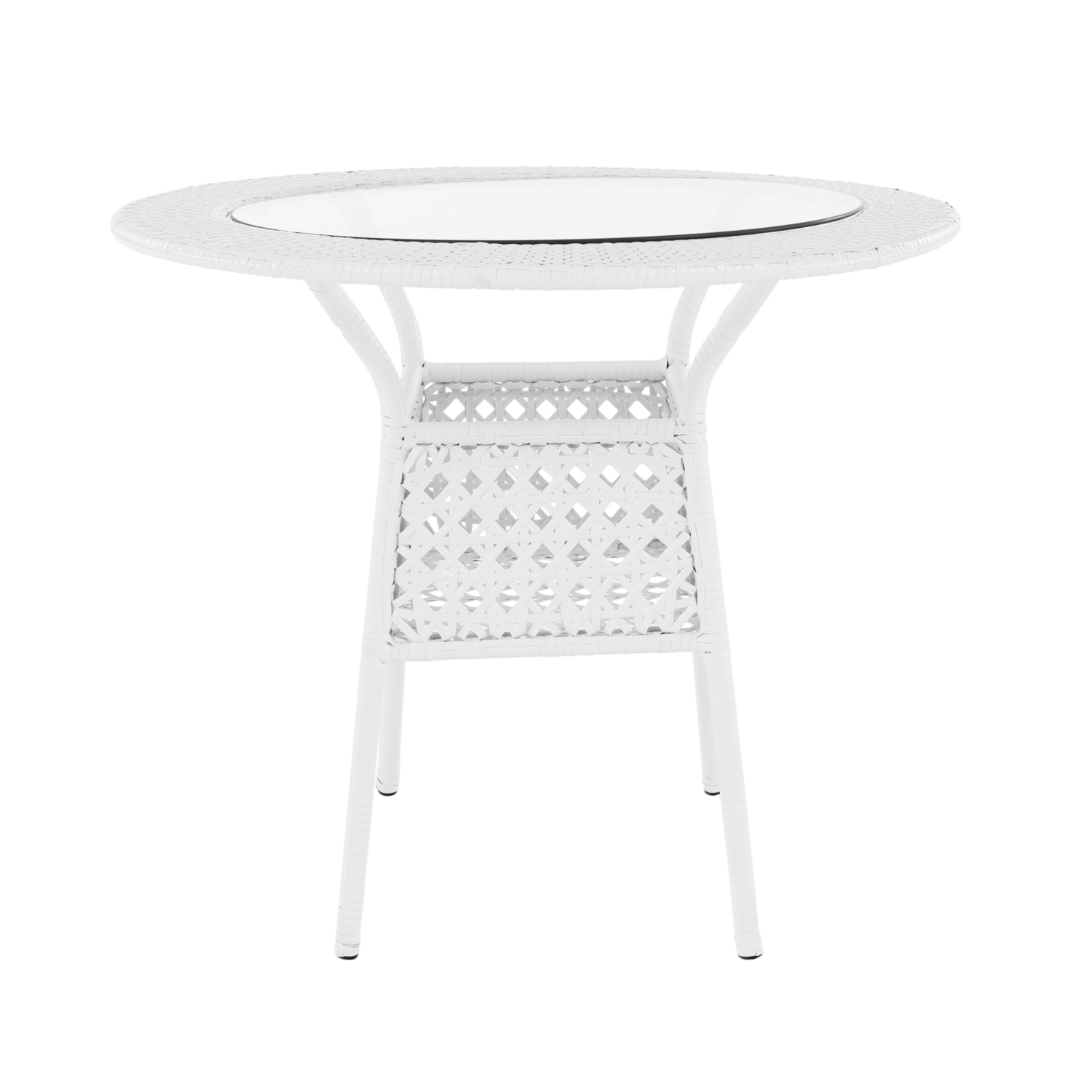 Set gradina KOVEN, alb, ratan sintetic/sticla temperata/otel, cu masuta si 4 scaune