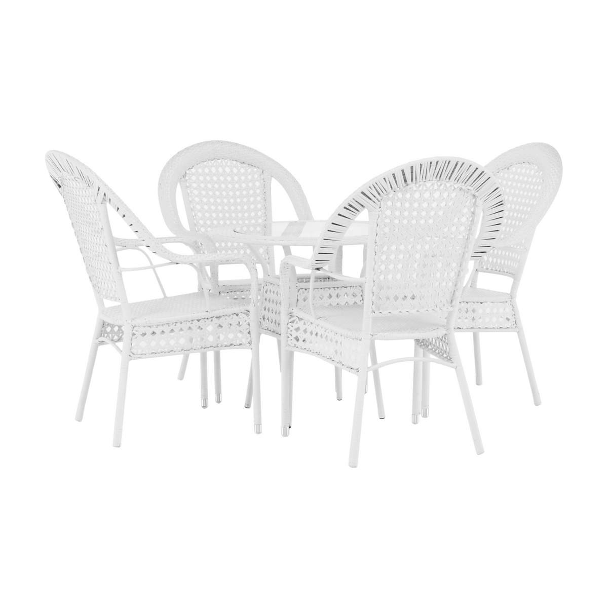 Set gradina KOVEN, alb, ratan sintetic/sticla temperata/otel, cu masuta si 4 scaune