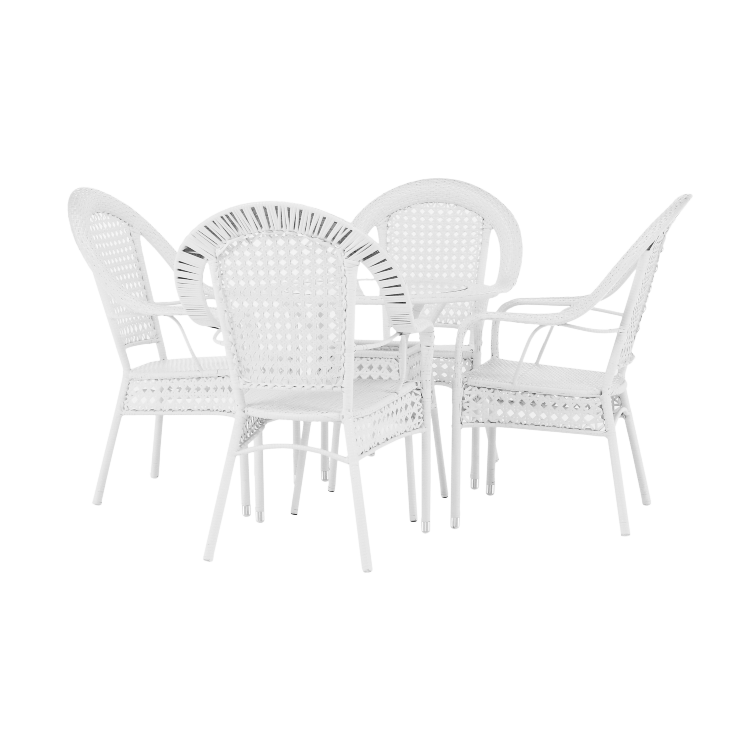 Set gradina KOVEN, alb, ratan sintetic/sticla temperata/otel, cu masuta si 4 scaune
