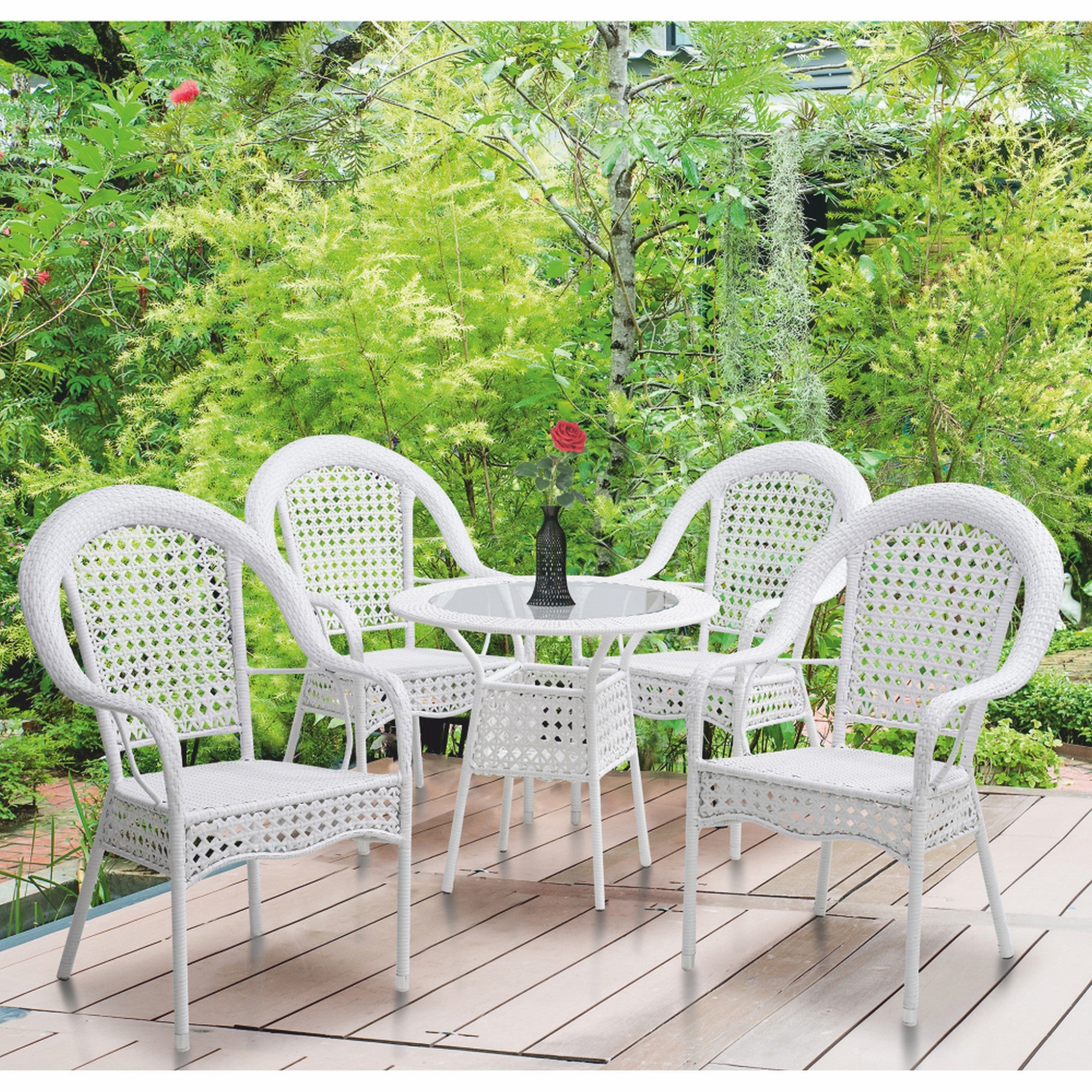 Set gradina KOVEN, alb, ratan sintetic/sticla temperata/otel, cu masuta si 4 scaune
