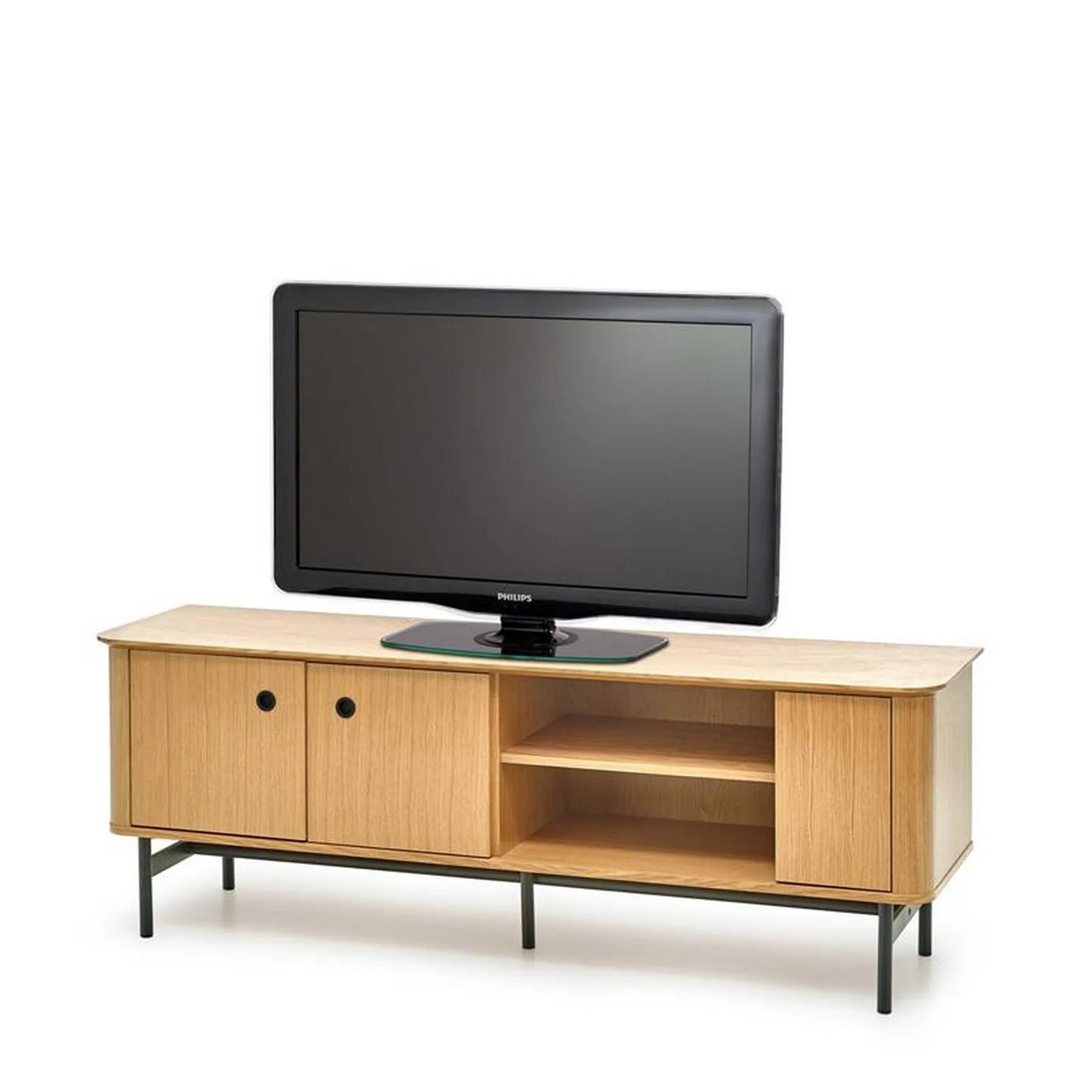 Comoda TV SMART, stejar/negru, furnir/metal, 167x44x59 cm