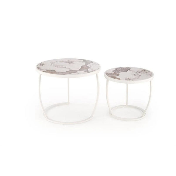 Set 2 masute cafea INES, bej cu efect de marmura/alb, ceramica/metal