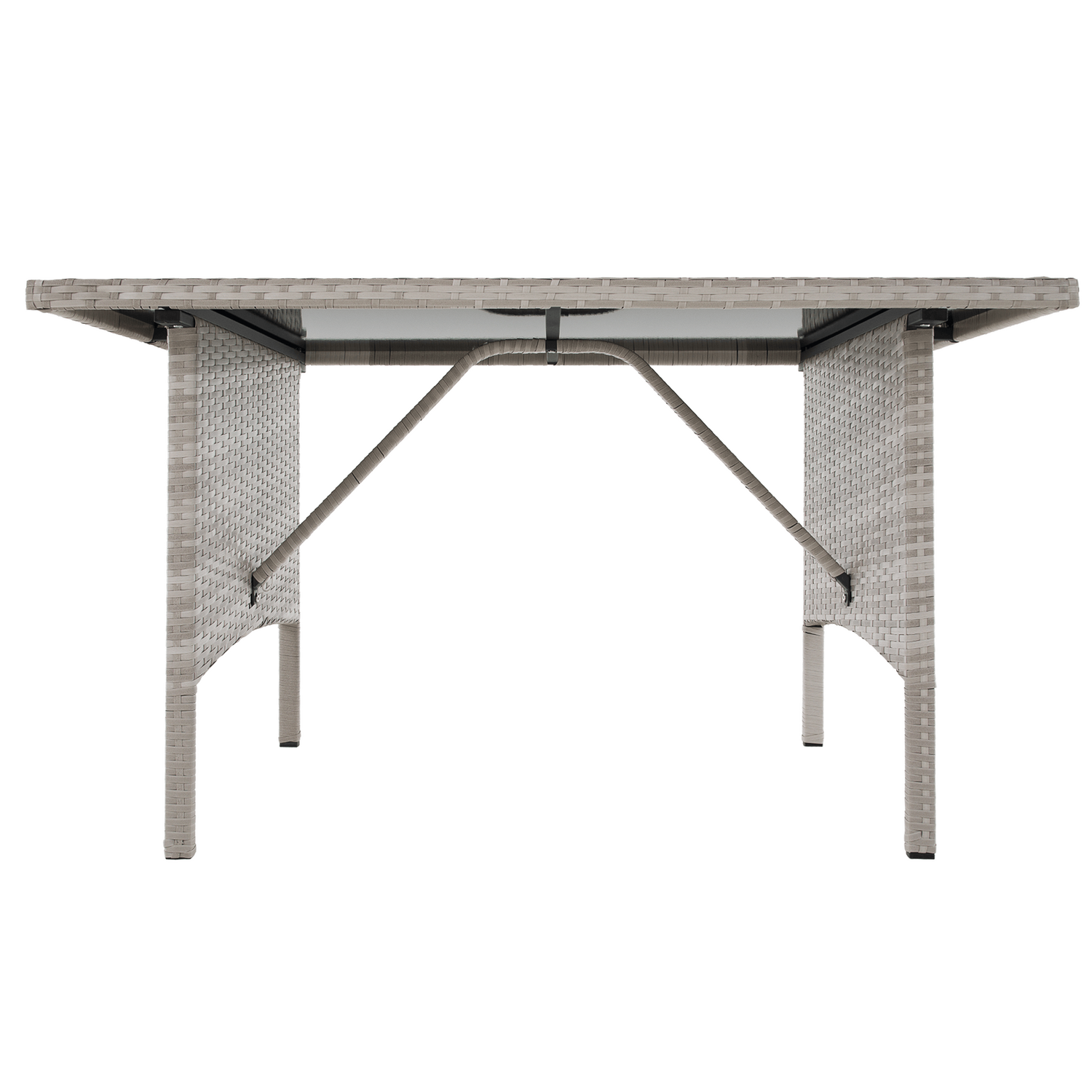 Set gradina LALEN, gri, ratan sintetic/metal/sticla temperata, cu masa, 2 scaune, 2 taburete si canapea