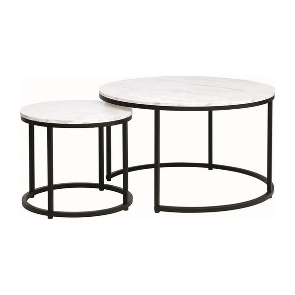 Set 2 masute cafea DION, alb cu efect de marmura/negru, PAL laminat/metal
