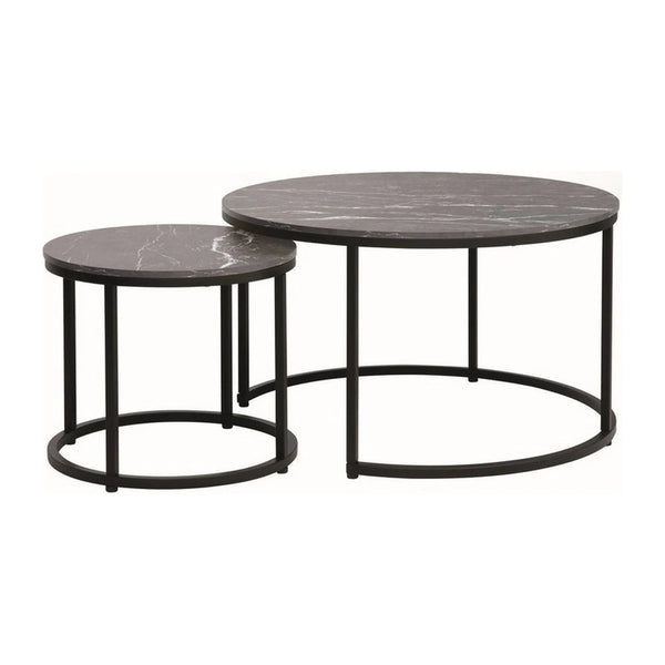 Set 2 masute cafea DION, negru cu efect de marmura/negru, PAL laminat/metal