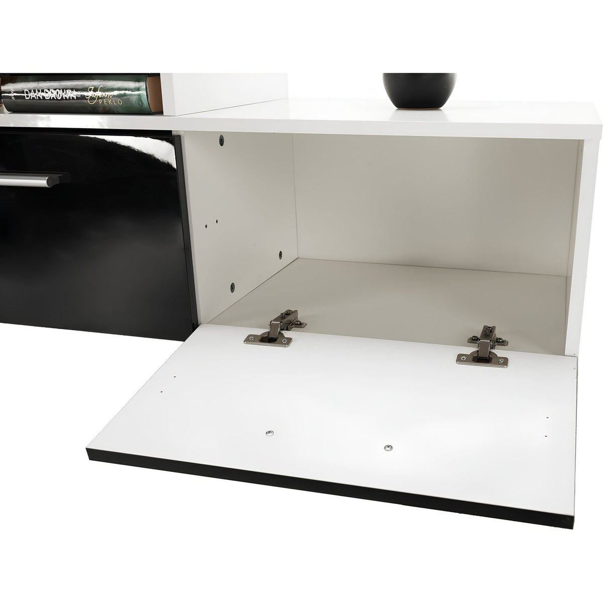 Mobilier living LEO, alb/negru lucios, PAL melaminat/sticla, cu iluminare LED, 7 piese, 250x42x180 cm