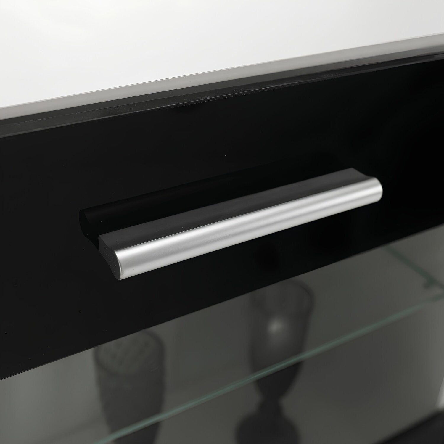 Mobilier living LEO, alb/negru lucios, PAL melaminat/sticla, cu iluminare LED, 7 piese, 250x42x180 cm