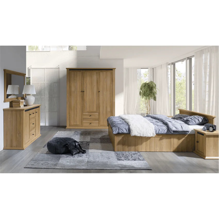 Dulap LEON MZ3, stejar auriu, DTD laminat, cu 3 usi si 2 sertare, 165x54x200 cm