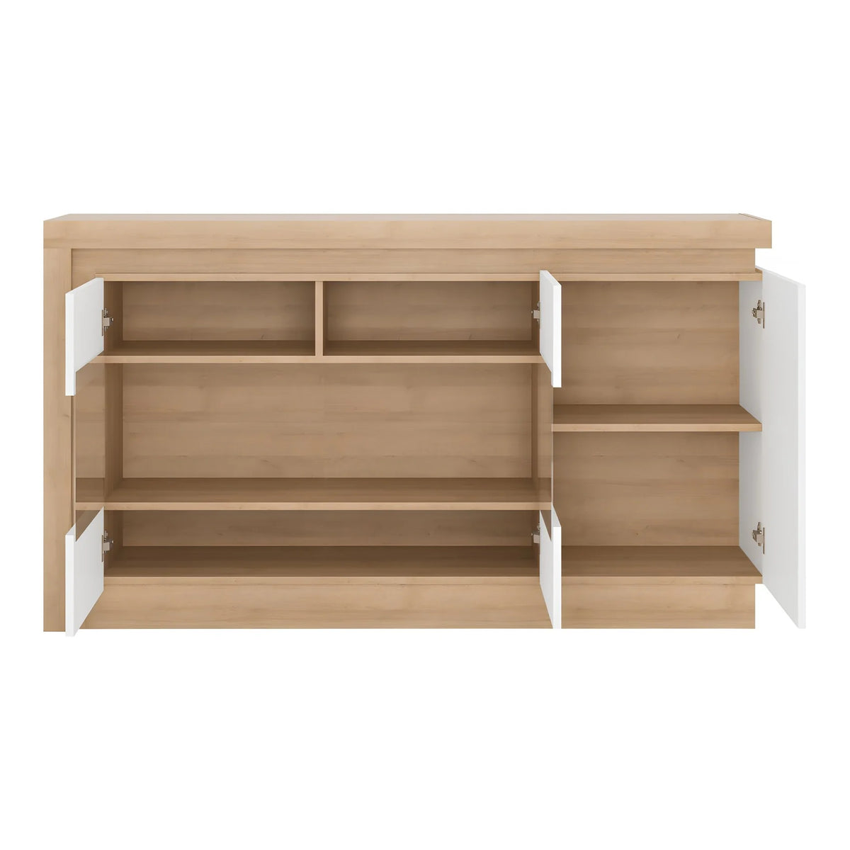 Comoda LEONARDO LYOK02, stejar riviera/alb lucios, PAL melaminat, cu iluminare LED, 158x42x89 cm