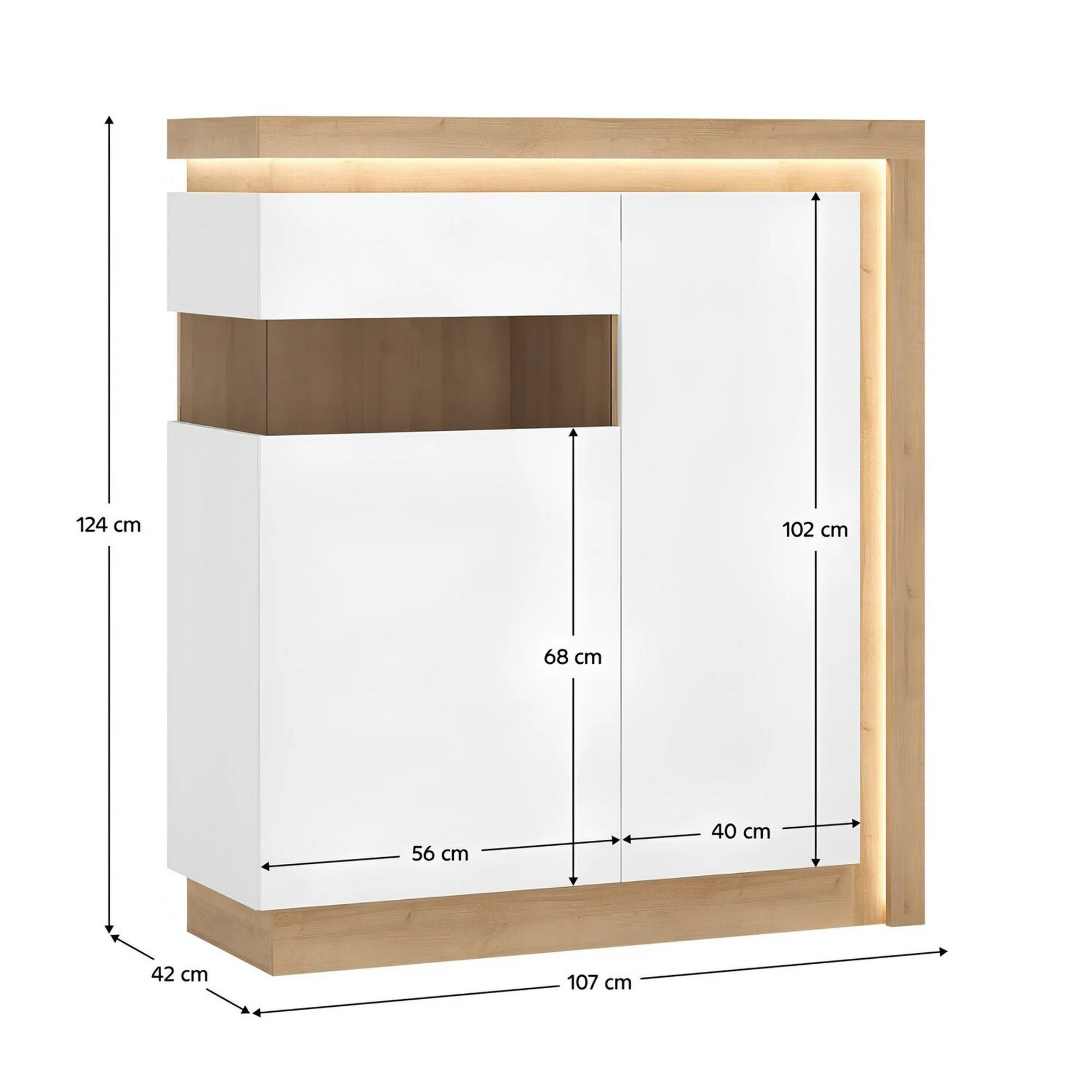 Comoda LEONARDO LYOV04L, DTD laminat, stejar riviera/alb lucios, 107x42x124 cm