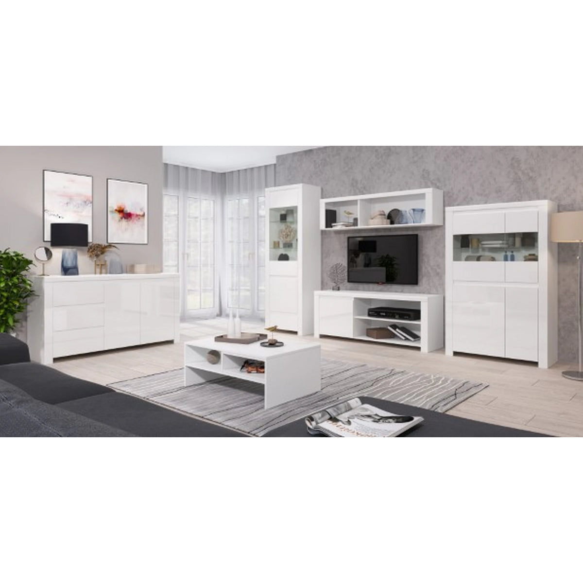 Comoda TV alba lucioasa LINGO, PAL laminat, 156x42x61 cm