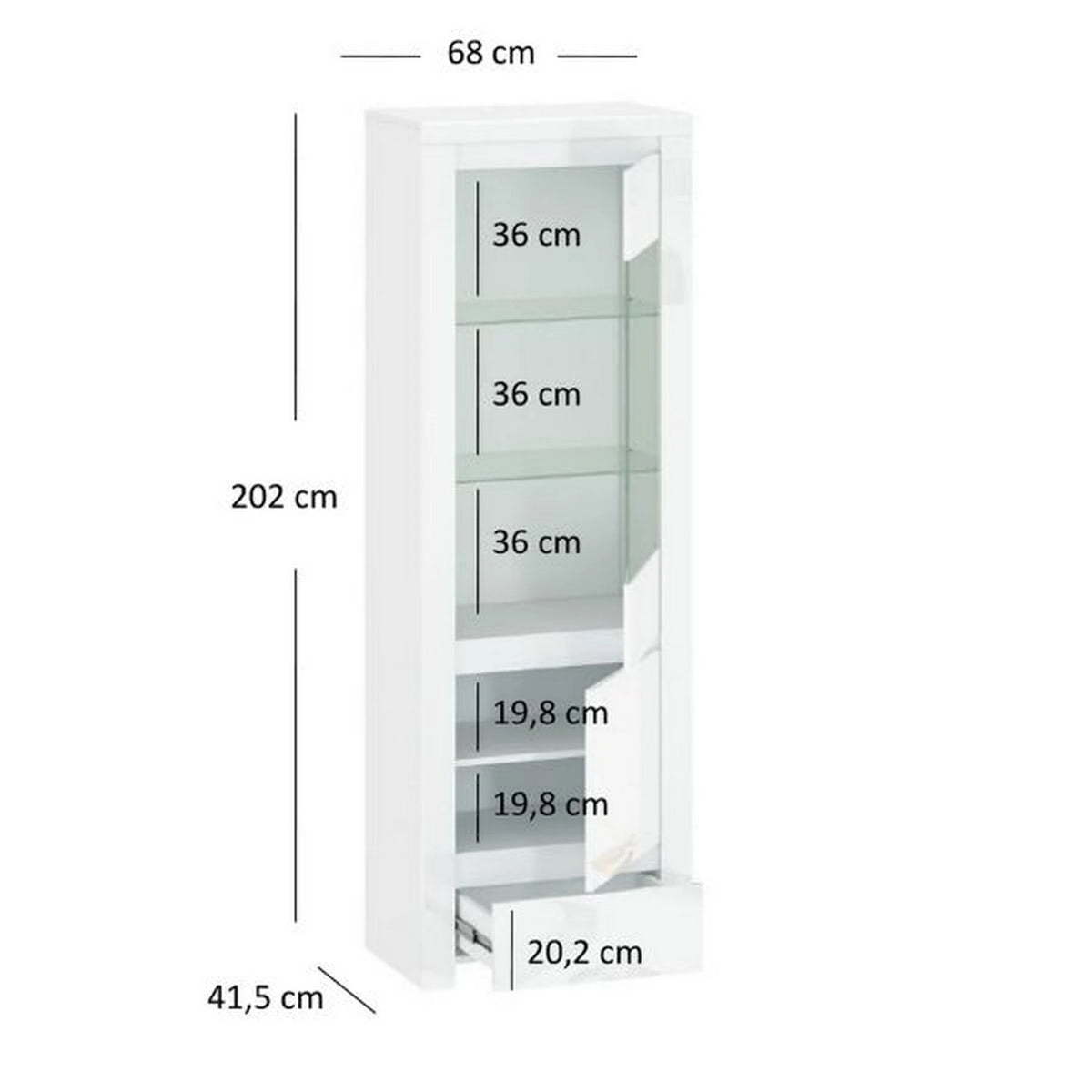 Vitrina living moderna LINGO, alb lucios, PAL laminat, 68x42x202 cm