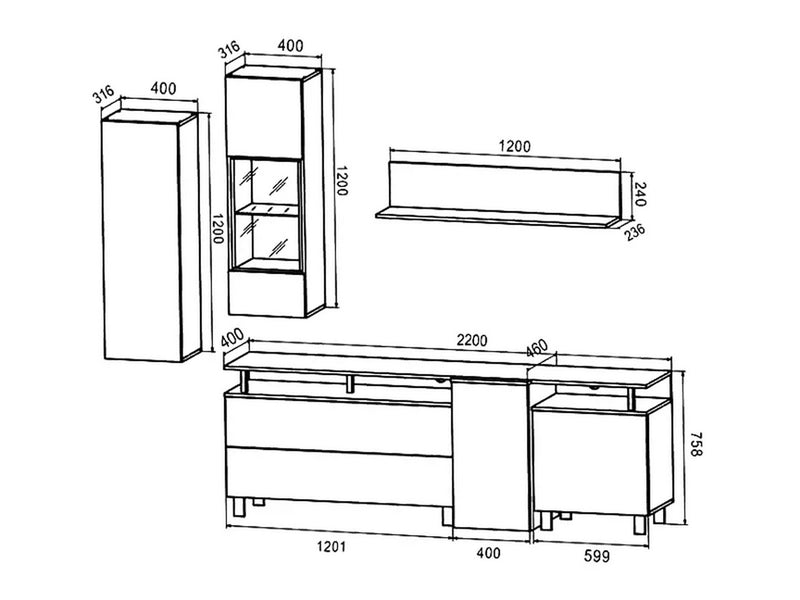 Mobilier living ARS, gri antracit/stejar craft, PAL/sticla, 4 piese, 222x46x200 cm