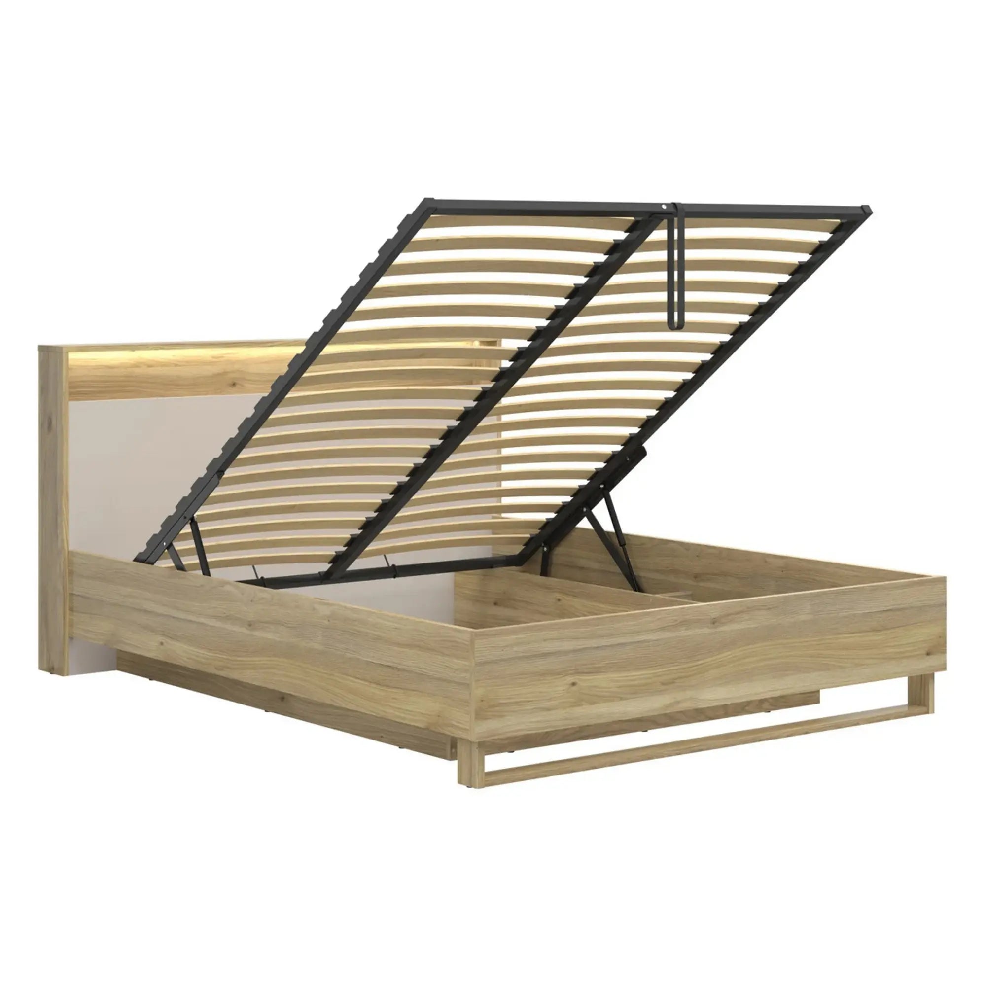 Pat DALVA 160x200, stejar/casmir, PAL, cu somiera, lada depozitare si iluminare LED