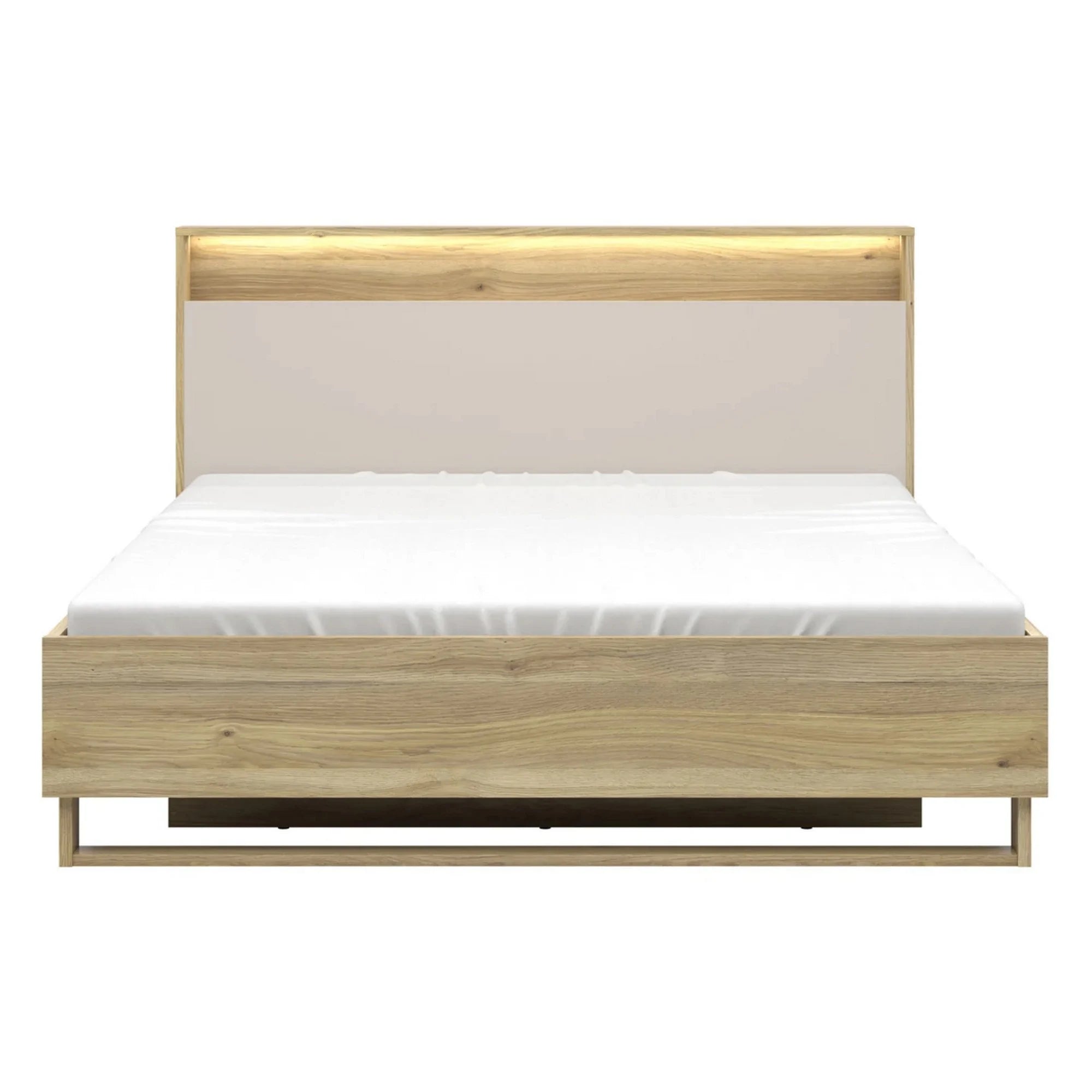 Pat DALVA 160x200, stejar/casmir, PAL, cu somiera, lada depozitare si iluminare LED