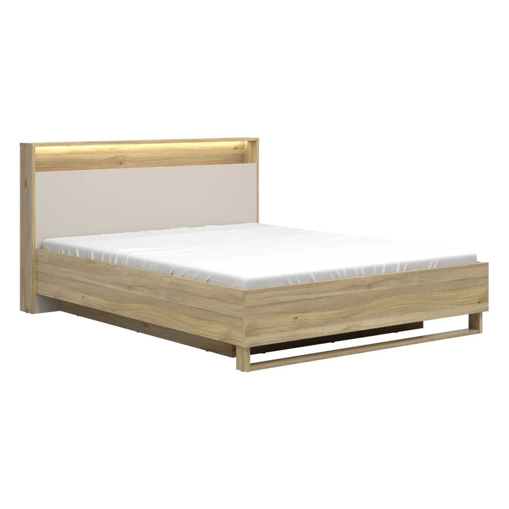 Pat DALVA 160x200, stejar/casmir, PAL, cu somiera, lada depozitare si iluminare LED