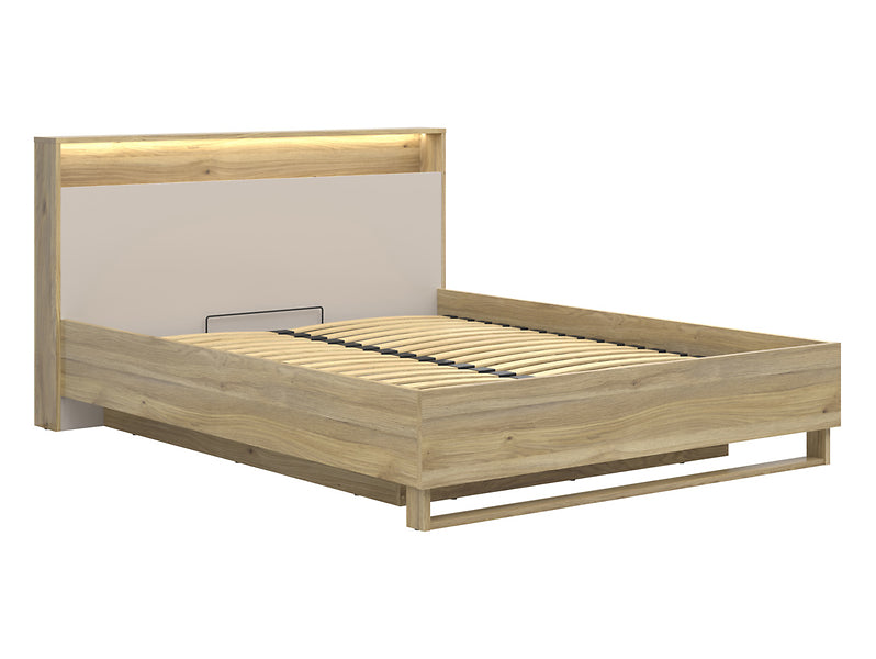 Pat DALVA 160x200, stejar/casmir, PAL, cu somiera, lada depozitare si iluminare LED