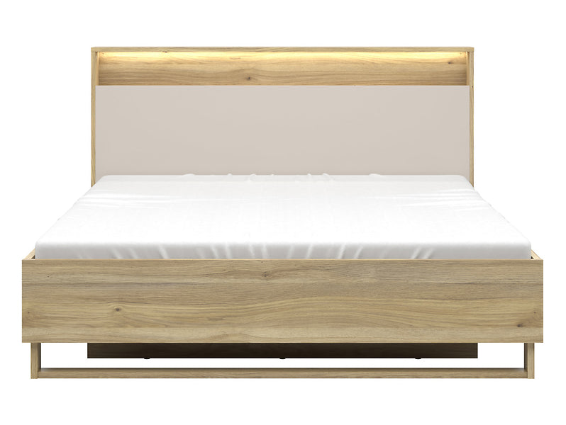 Pat DALVA 160x200, stejar/casmir, PAL, cu somiera, lada depozitare si iluminare LED