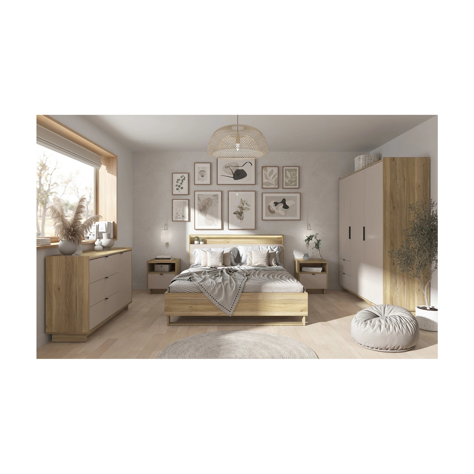 Set dormitor DALVA, stejar/casmir, pat 160x200, dulap cu 3 usi si 2 sertare, 2 noptiere si o comoda