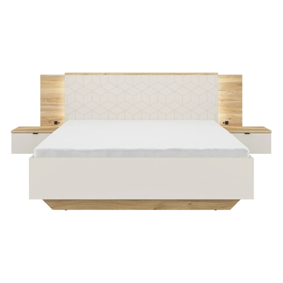 Set dormitor GLAMOUR, casmir/stejar, pat 160x200, dulap cu 3 usi, 2 noptiere si o comoda