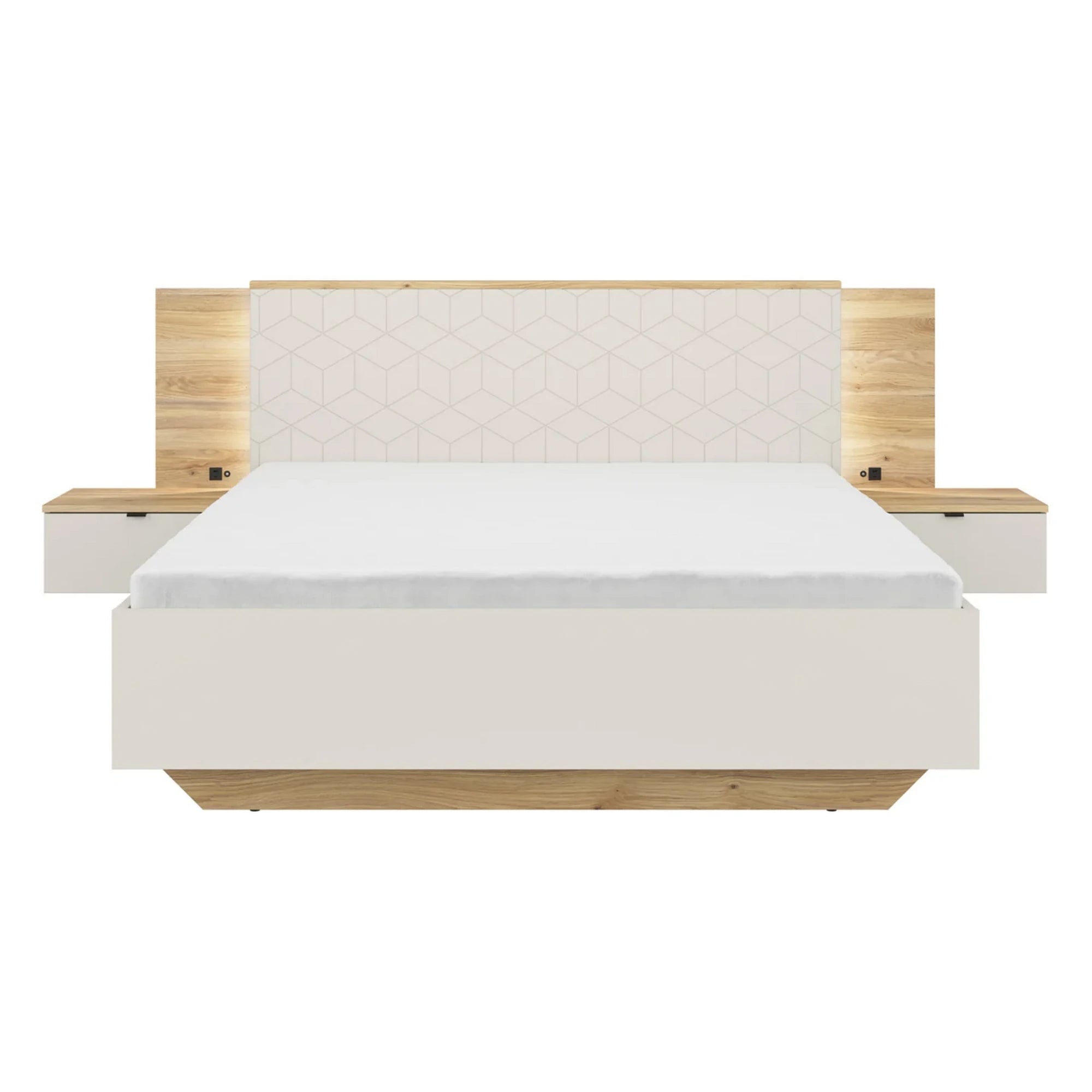 Set dormitor GLAMOUR, casmir/stejar, pat 160x200, dulap cu 3 usi, 2 noptiere si o comoda