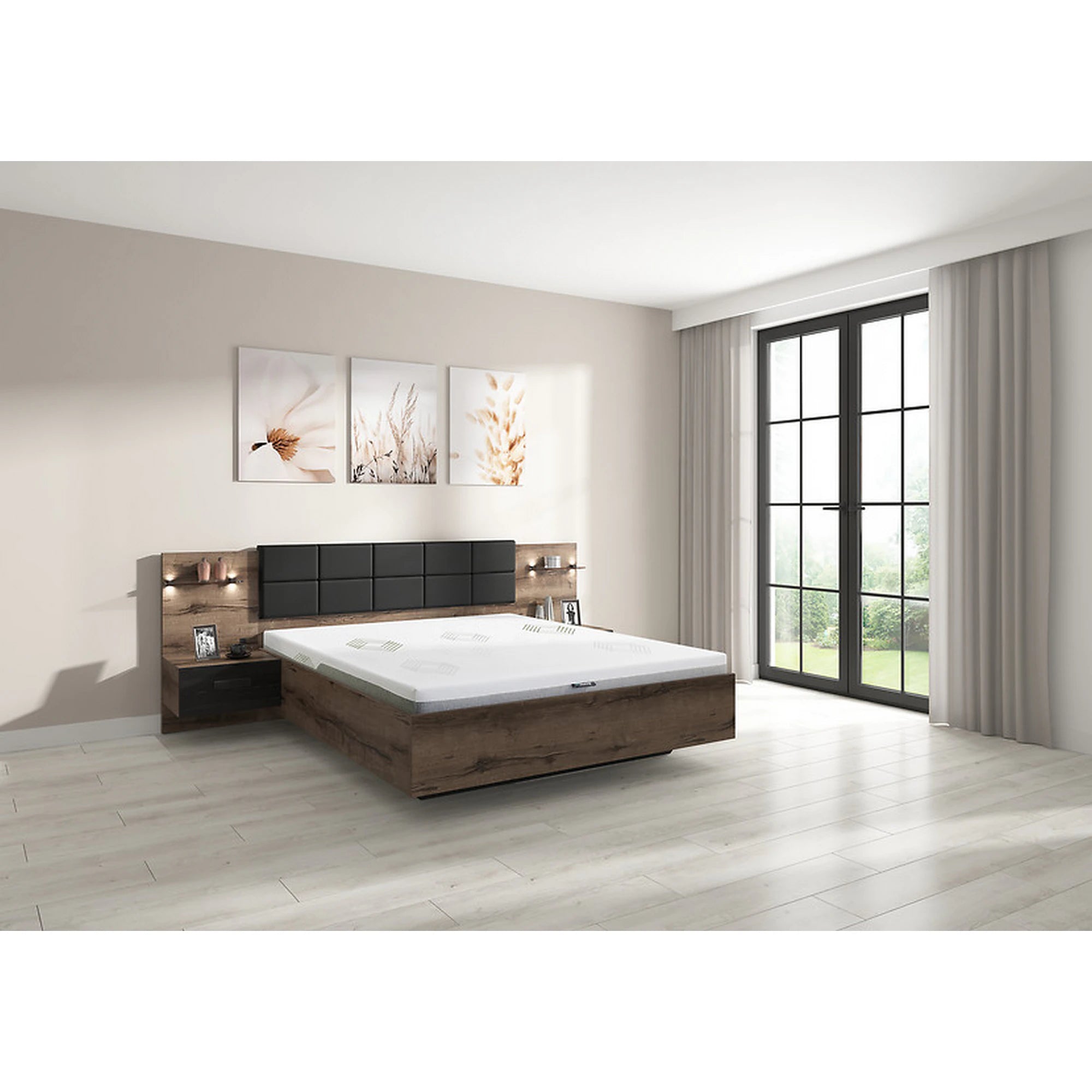 Cadru pat KASSEL 160x200, nuc/negru, PAL/piele ecologica, cu iluminare LED si 2 noptiere integrate