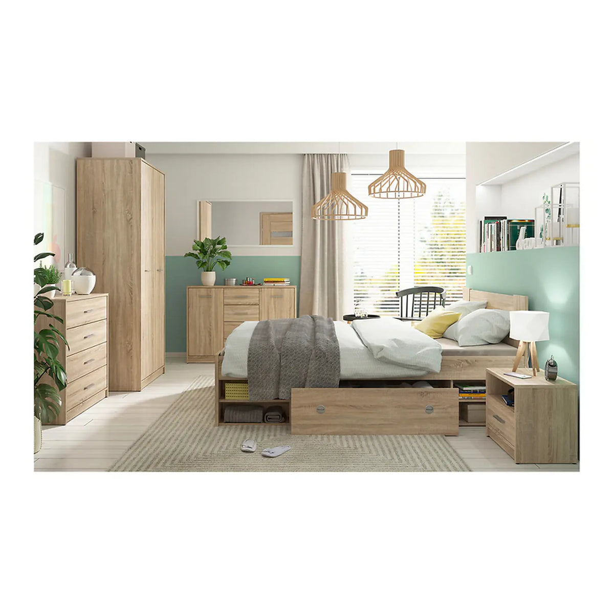 Cadru pat NEPO PLUS 140x200, stejar sonoma, PAL laminat, cu spatiu depozitare