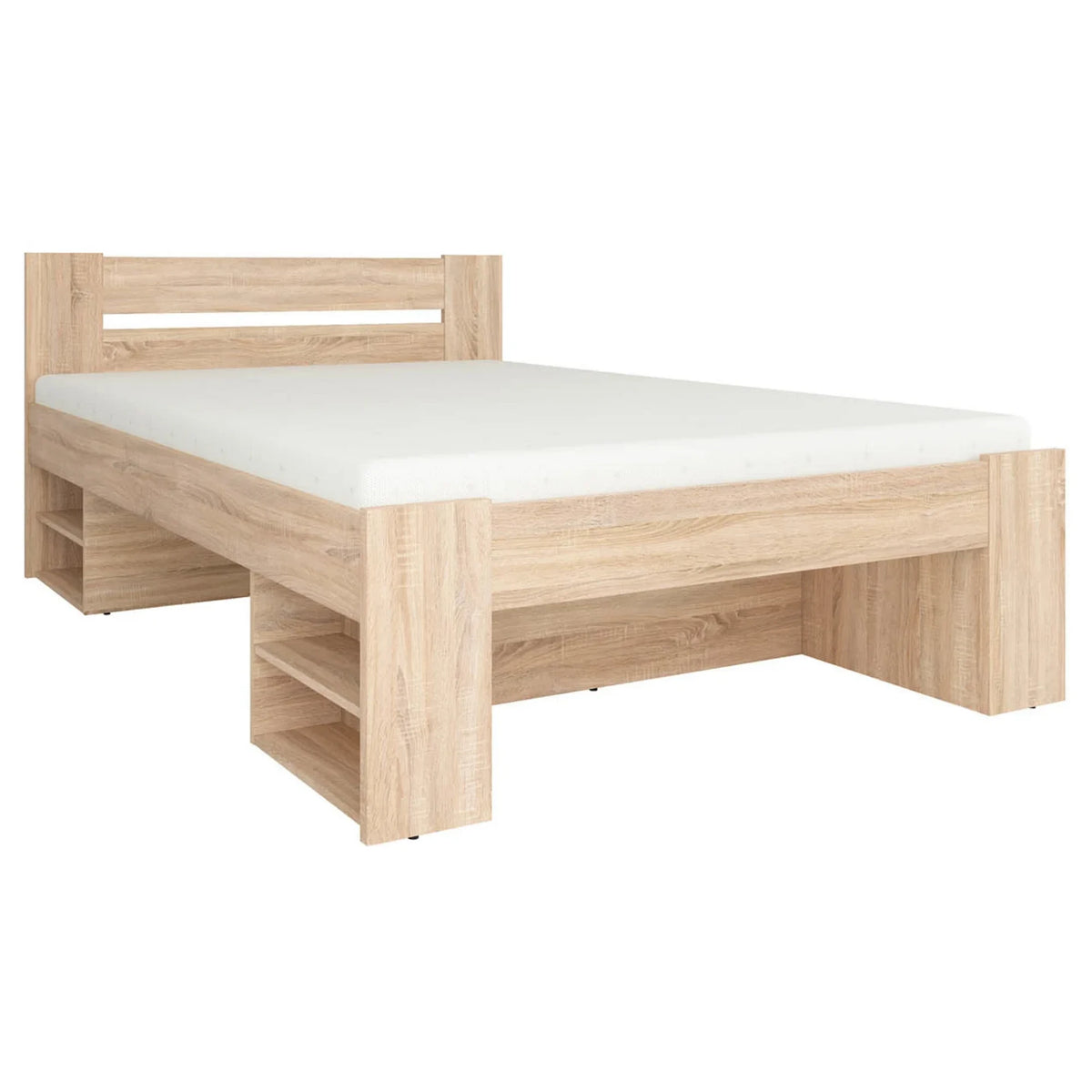 Set dormitor NEPO PLUS, stejar sonoma, pat 140x200, dulap cu 2 usi, 2 comode si noptiera