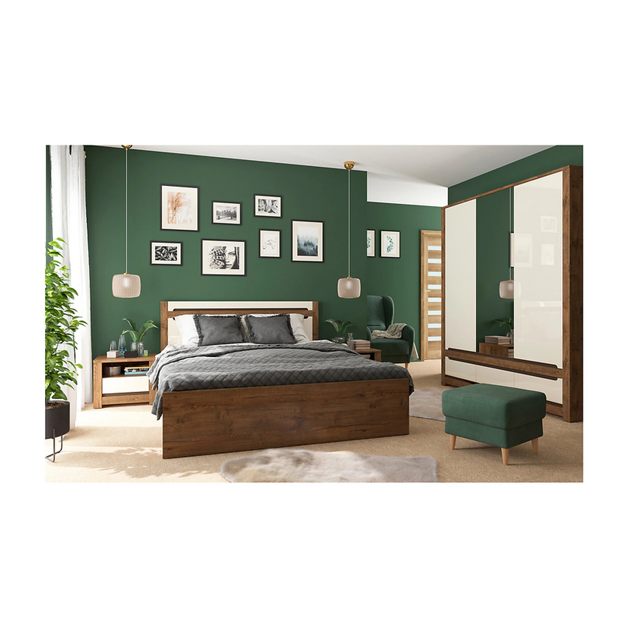 Pat RUSO 140x200, stejar/crem, PAL laminat, cu somiera si lada depozitare