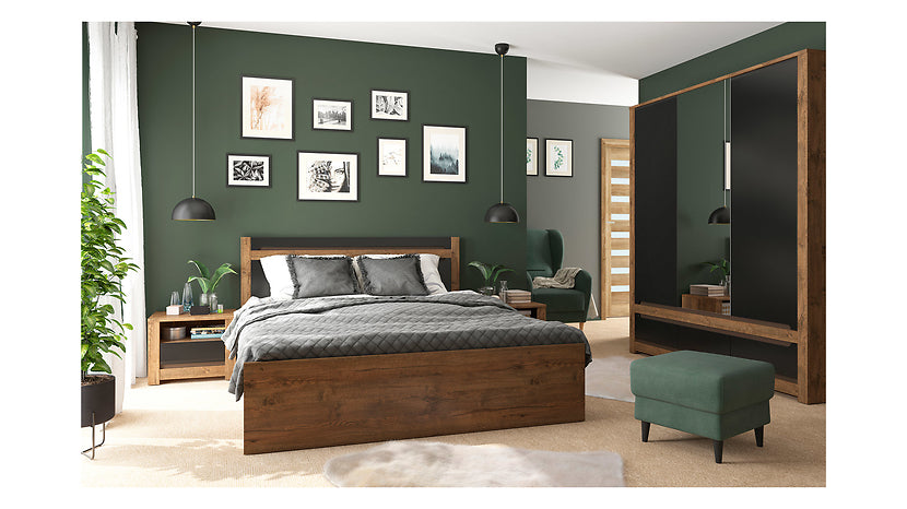 Pat RUSO 140x200, stejar, PAL laminat, cu somiera si lada depozitare