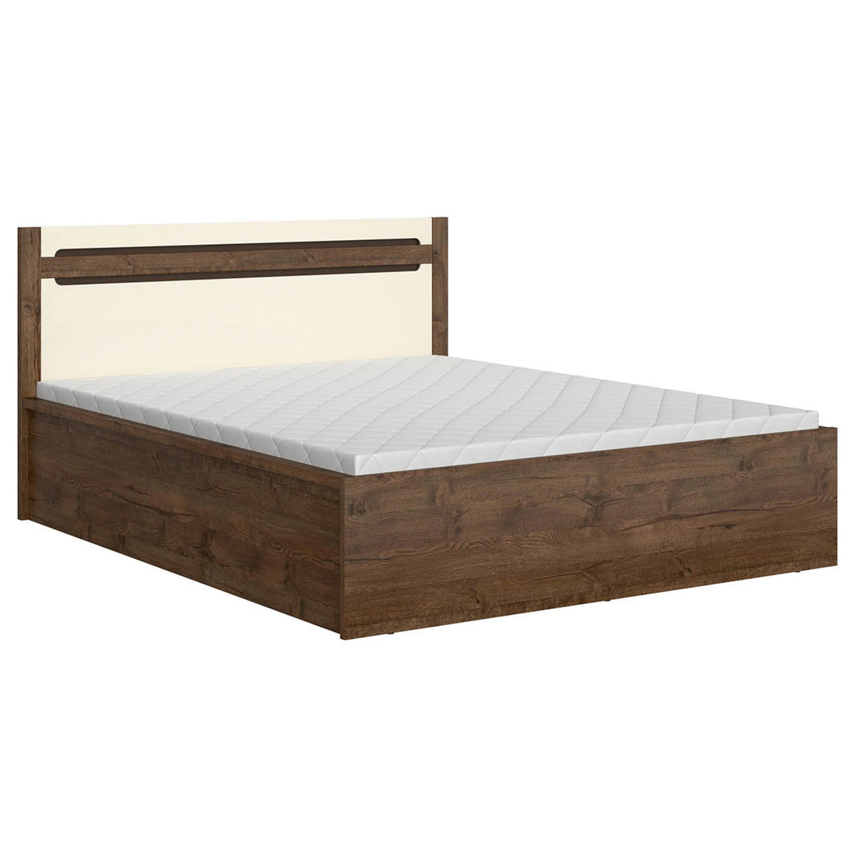 Set dormitor RUSO, stejar april/alb perla, pat 160x200, dulap cu 2 usi si un sertar, 2 noptiere si polita
