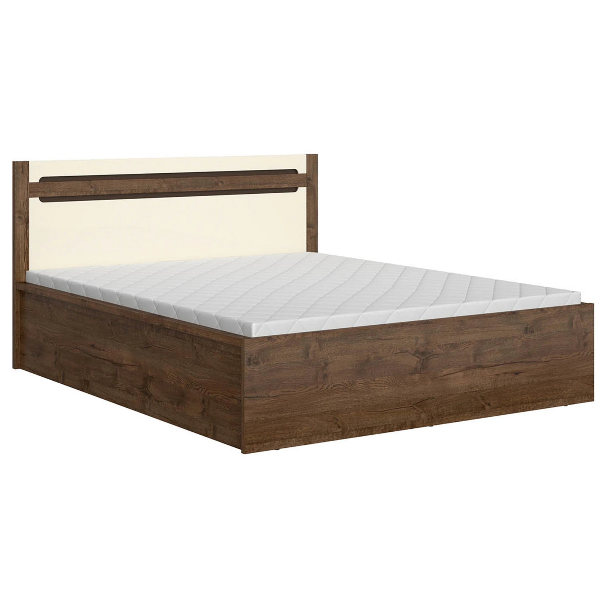 Set dormitor RUSO, stejar april/alb perla, pat 160x200, dulap cu 2 usi si un sertar, 2 noptiere si polita