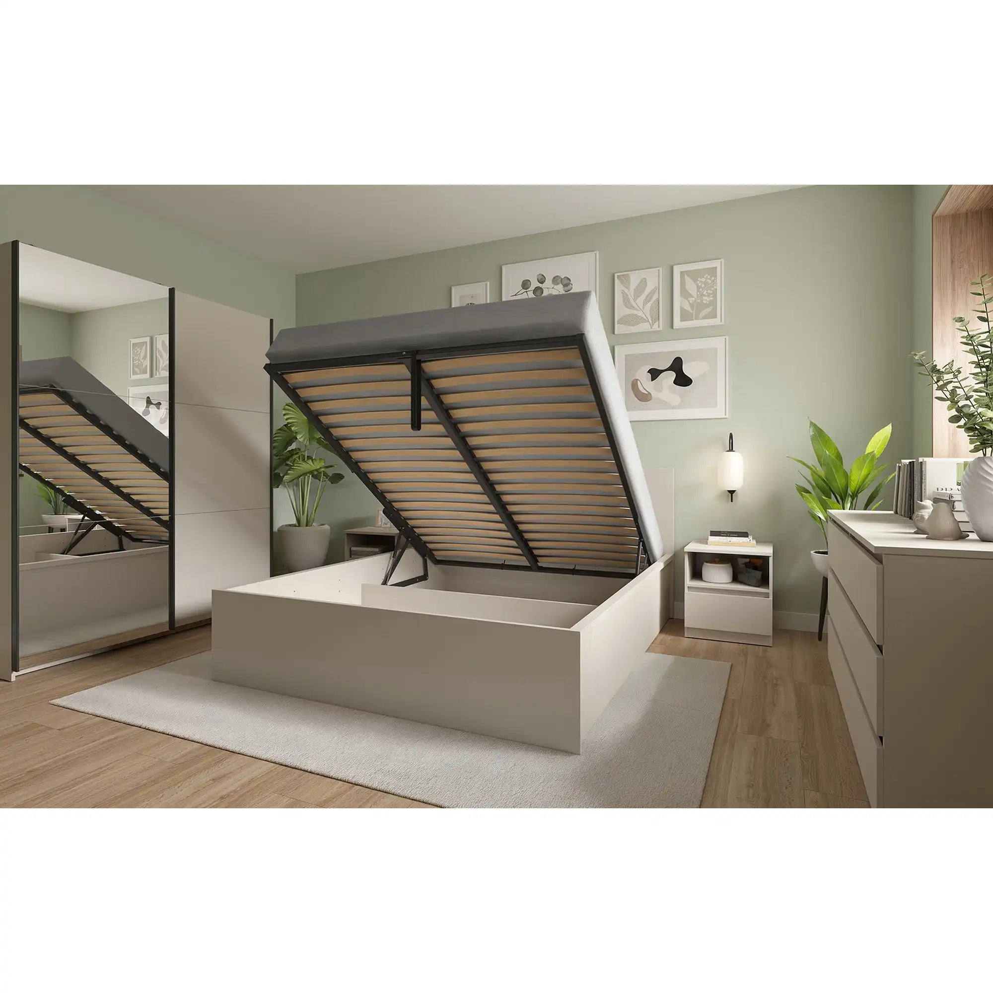 Pat TRETIX 120x200, casmir, PAL laminat, cu somiera si lada depozitare