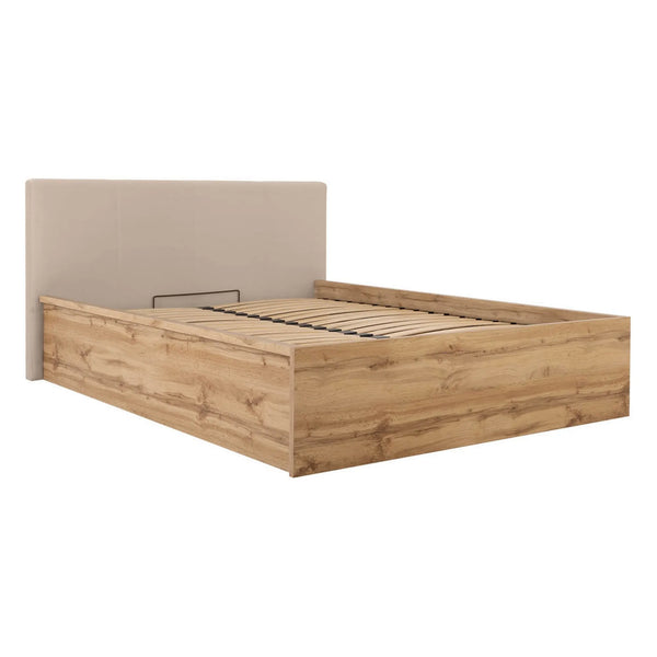 Pat TETRIX 160x200, stejar wotan/bej, PAL/stofa catifelata, cu somiera si spatiu depozitare