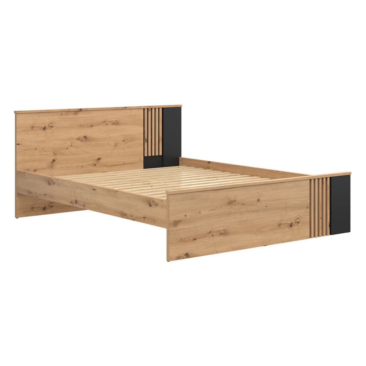 Set dormitor VABRES, stejar artisan/negru mat, pat 160x200, dulap cu 3 usi si 3 sertare, 2 noptiere si o comoda
