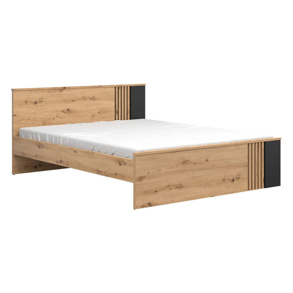 Set dormitor VABRES, stejar artisan/negru mat, pat 160x200, dulap cu 3 usi si 3 sertare, 2 noptiere si o comoda