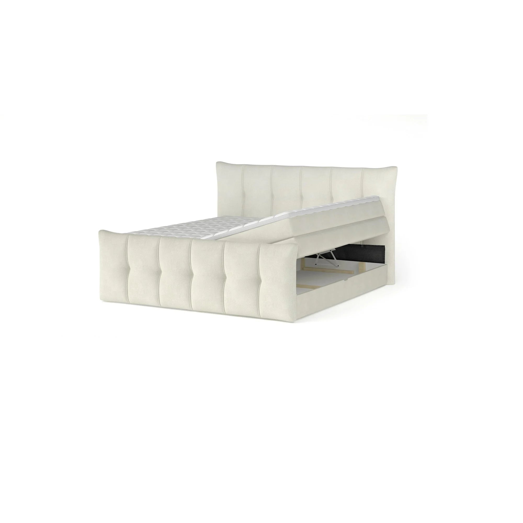 Pat boxspring SOFIA 180x200, personalizabil materiale Gama Premium, cu saltele, topper si lada pentru depozitare