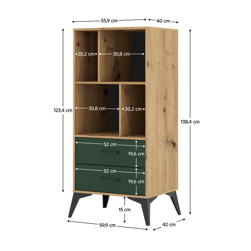 Biblioteca LUGON LU5, stejar artisan/verde inchis, DTD laminat, 56x40x139 cm