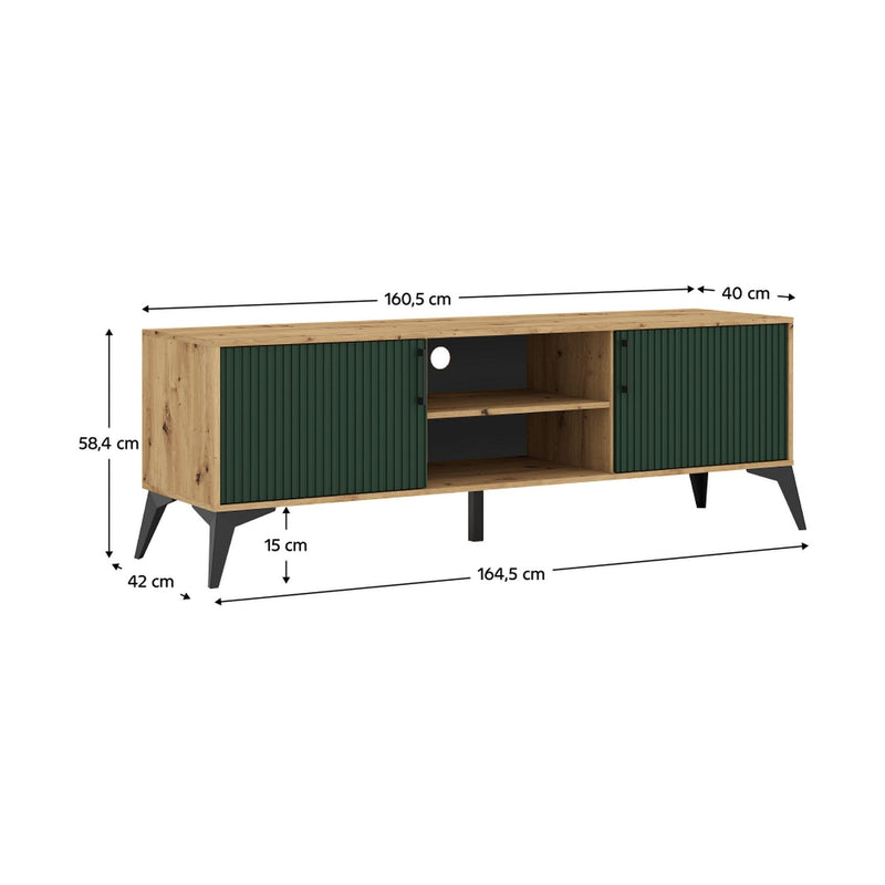 Comoda TV LUGON LU1, stejar artisan/verde inchis/negru, DTD laminat, 161x40x58 cm