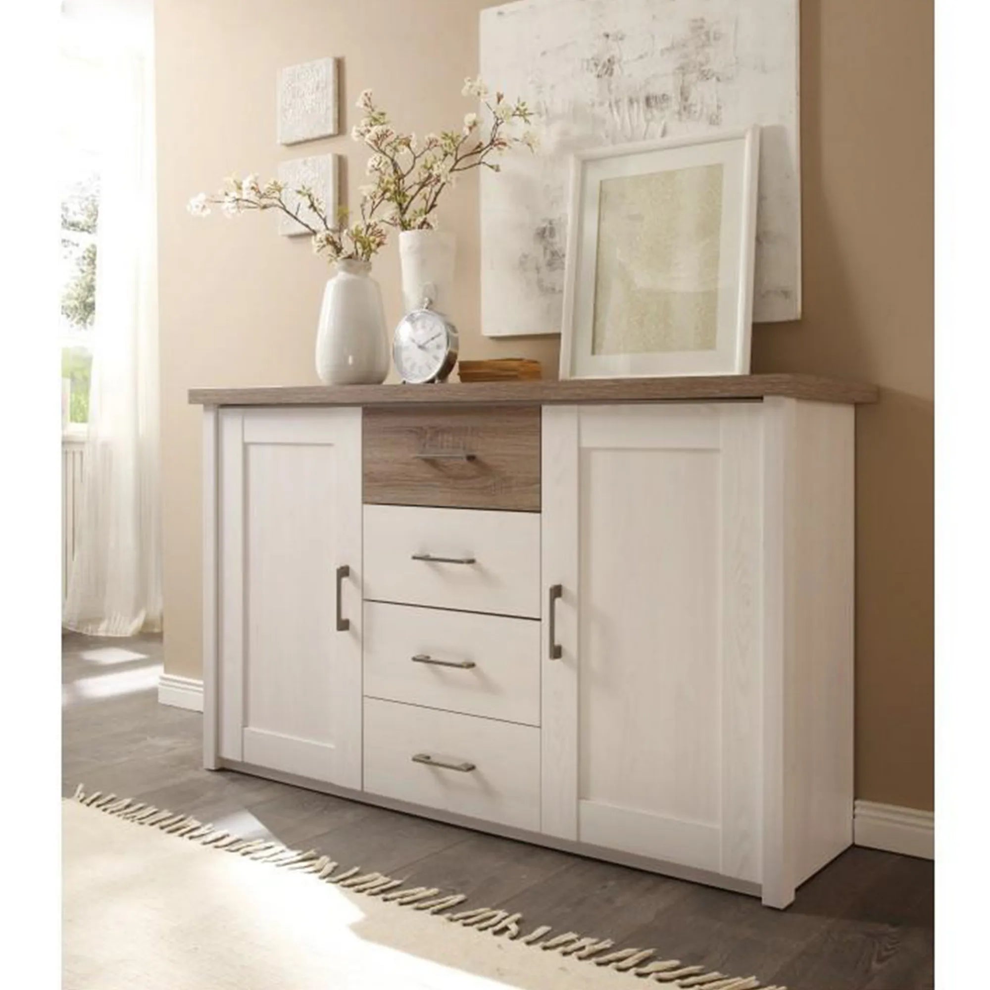 Comoda LUMERA, stejar trufa/pin alb, DTD laminat, 150x42x90 cm