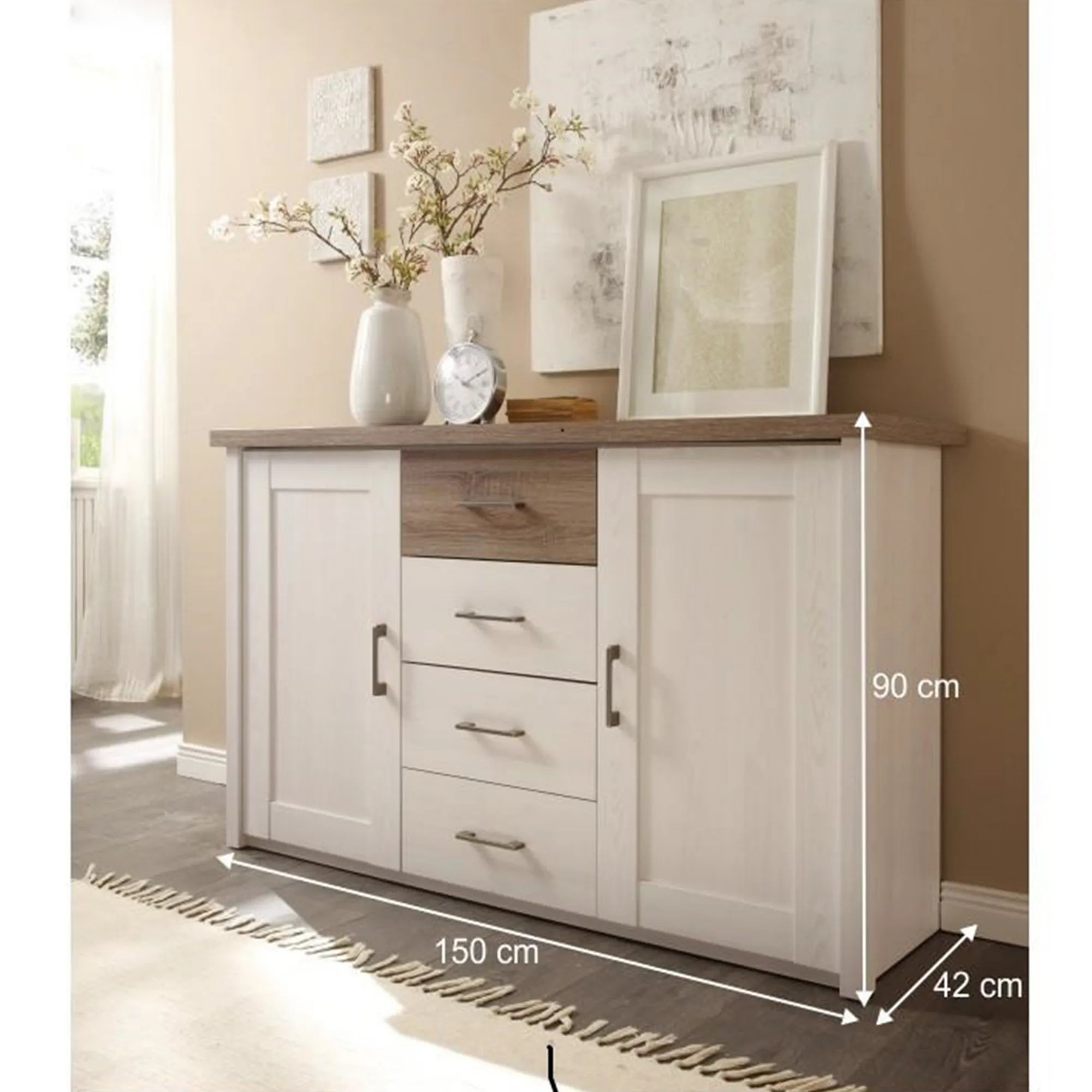 Comoda LUMERA, stejar trufa/pin alb, DTD laminat, 150x42x90 cm