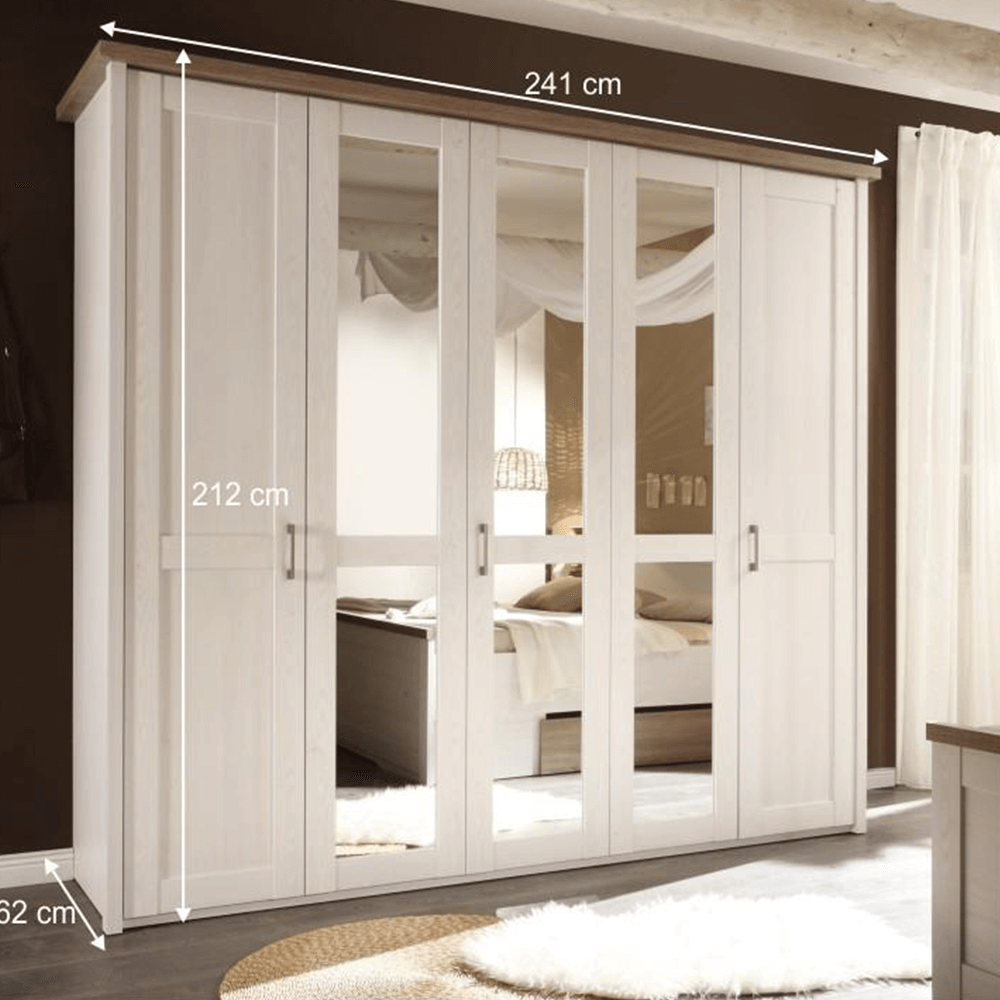Set dormitor LUMERA, pin alb/stejar sonoma, PAL laminat, cu pat 180x200, dulap cu 5 usi si 2 noptiere