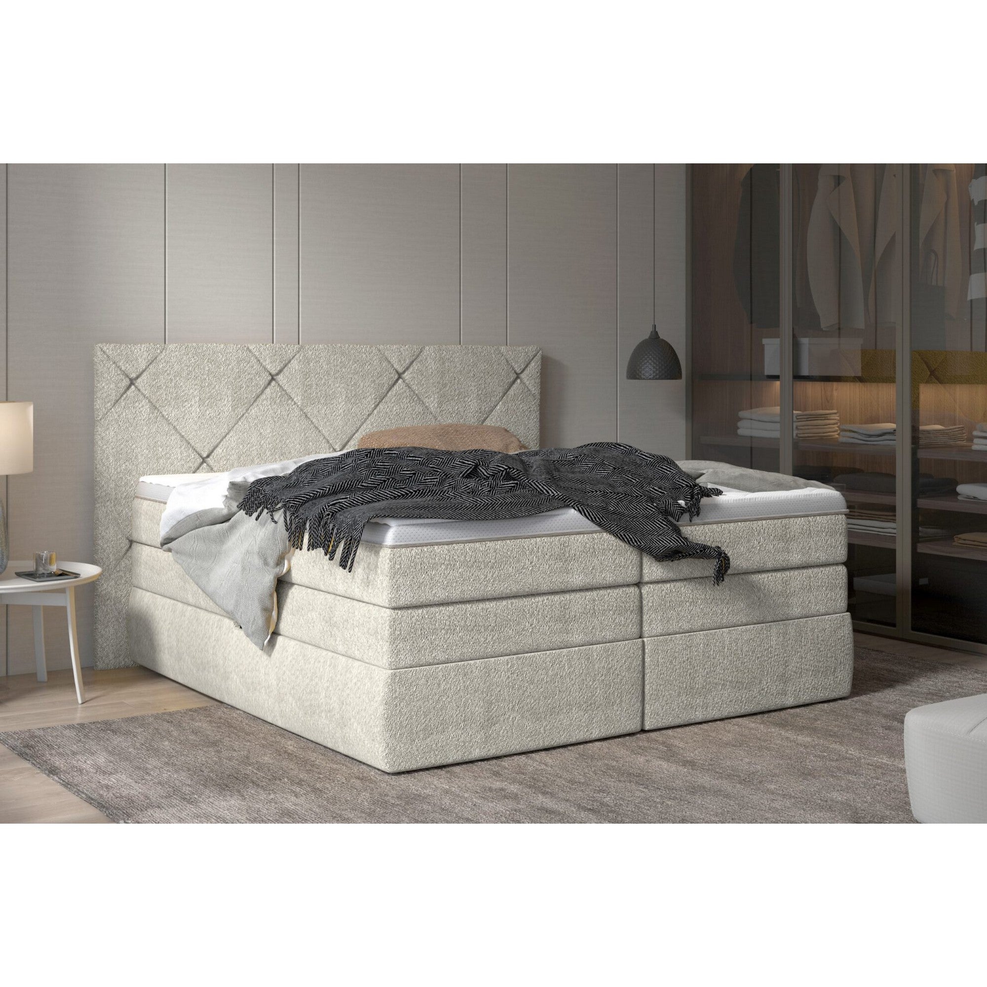 Pat boxspring LUNGO 180x200, personalizabil materiale gama Oferta Avantaj, 2 lazi depozitare, cu saltele si topper