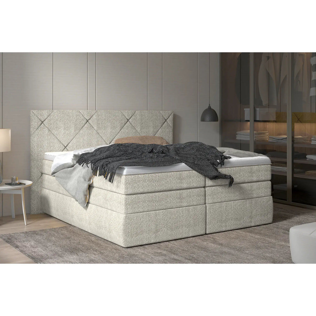 Pat boxspring LUNGO 180x200, personalizabil materiale gama Oferta Avantaj, 2 lazi depozitare, cu saltele si topper