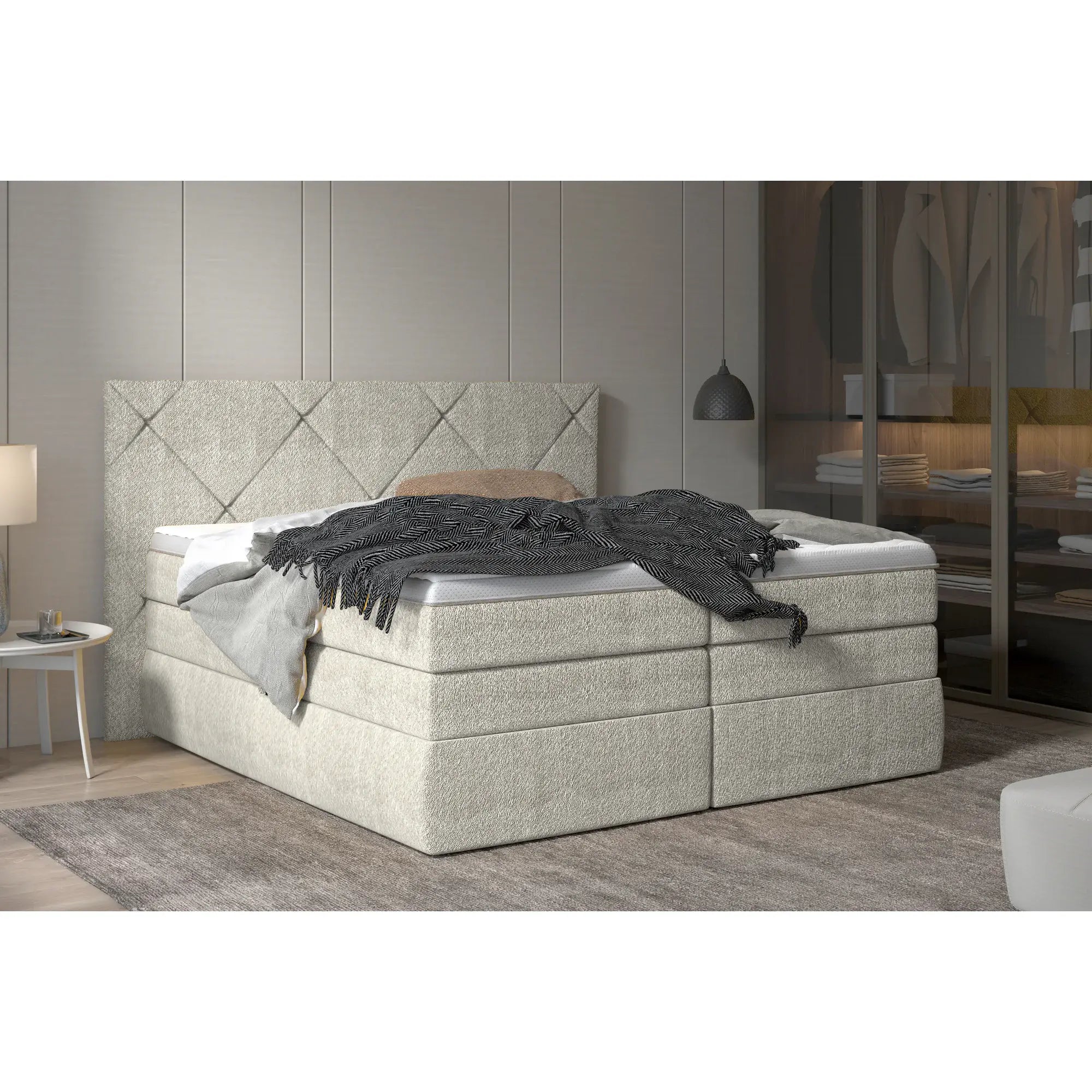Pat boxspring LUNGO 180x200, personalizabil materiale gama Oferta Avantaj, 2 lazi depozitare, cu saltele si topper
