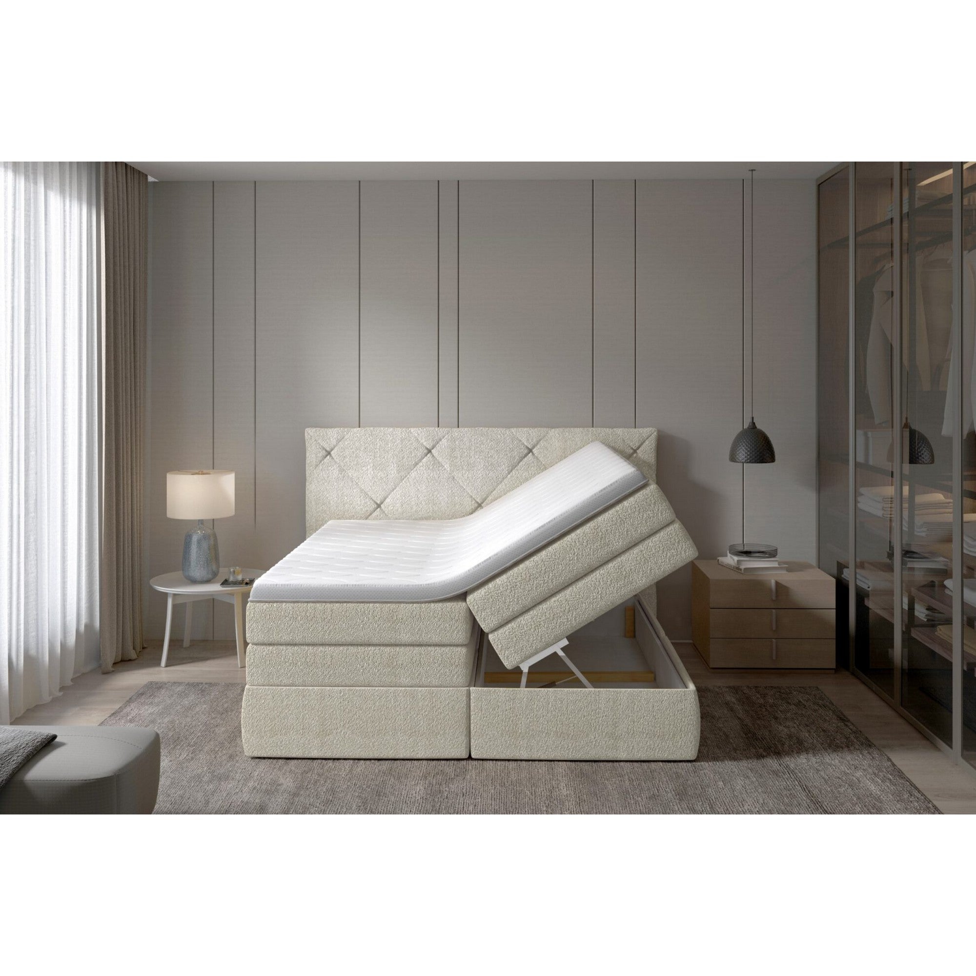 Pat boxspring LUNGO 180x200, personalizabil materiale gama Oferta Avantaj, 2 lazi depozitare, cu saltele si topper